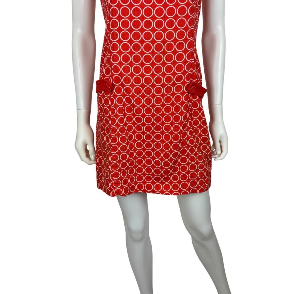 Retro Mod Dress Womens XS Red White Circle Geometric Print 60s Style Shift - Picture 6 of 10